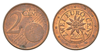 Австрия 2 евроцента 2005 KM 3083 сталь плакированная медью aUNC 4630-449