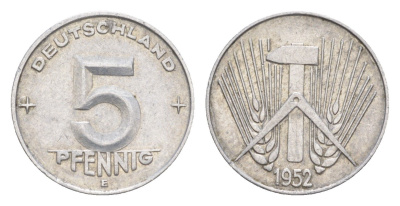 ГДР 5 пфеннигов 1952 E KM 6 алюминий 4647-939