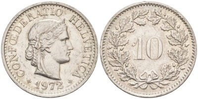 ШВЕЙЦАРИЯ 10 РАППЕНОВ 1972 KM 27 медно-никель 55-435