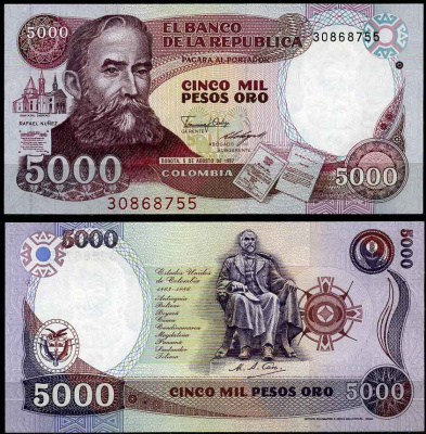 Колумбия 5000 песо 1987 Рафаэль Нунес, Мигель Антонио Каро Тобар Pick 435 a бумага UNC (пресс) 447-24-2