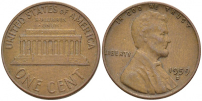 США 1 цент 1959 D, Авраам Линкольн KM 201 медь цинк 3851-1041
