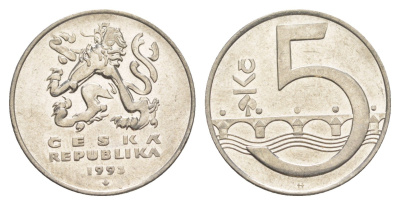 Чехия 5 крон 1993 чешский лев, Карлов мост KM 8 сталь плакированная никелем 4529-634