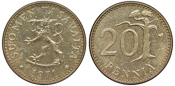 Финляндия 20 пенни 1971 S KM 47 алюминиевая бронза 259-531