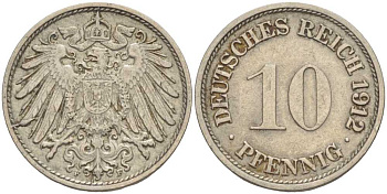 ГЕРМАНИЯ 10 ПФЕННИГОВ 1912 F KM 12, J. 13 медно-никель 31-1216