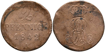 Ганновер 2 пфеннига 1842 А, Эрнст Август (1837-1851) KM 174.1, AKS 122, J. 55 медь 117-512