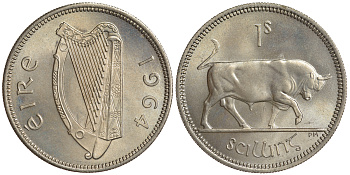 ИРЛАНДИЯ 1 ШИЛЛИНГ 1964 БЫК KM 14a медно-никель UNC 4390-335