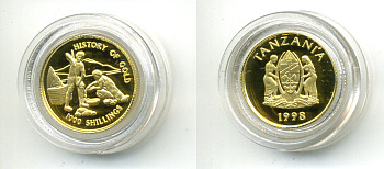 ТАНЗАНИЯ 1000 ШИЛЛИНГОВ 1998 ИСТОРИЯ ЗОЛОТА KM 60 золото PROOF 00-000-00