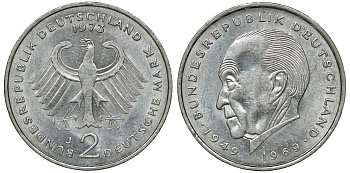 ФРГ 2 МАРКИ 1973 J, КОНРАД АДЕНАУЭР KM 124, J. 406 медно-никель плакированный никелем плакированный никелем UNC 72-452