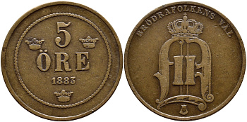 Швеция 5 эре 1883 Оскар II (1872-1907) король Швеции и Норвегии KM 736 бронза 1530-845
