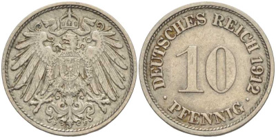 ГЕРМАНИЯ 10 ПФЕННИГОВ 1912 F KM 12, J. 13 медно-никель 31-1216