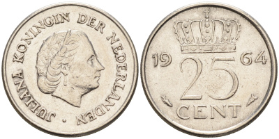 Нидерланды 25 центов 1964 Юлиана (1949-1980) KM 183 никель    4174-651