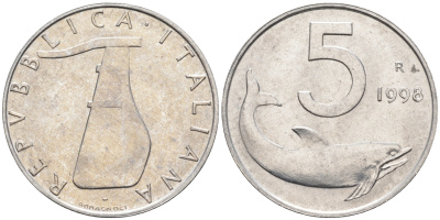 Италия 5 лир 1998 R, дельфин KM 92 алюминий  UNC  4594-756