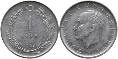 Турция 1 лира 1969 Мустафа Кемаль Ататюрк KM 889а.2 нержавеющая сталь 4538-946