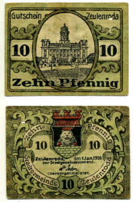 Цойленрода 10 пфеннигов 1920 1 января 1920, нотгельд, земля Тюрингия Grabowski Z8.8c бумага 2195-44-3-2