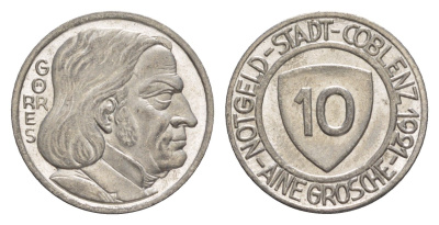 Кобленц 10 пфеннигов 1921 Funck 80.5, Men05 4526.11, Men18 5727.11 железо UNC 4636-952