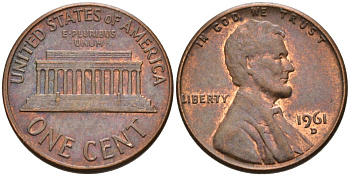 США 1 цент 1961 D, Авраам Линкольн KM 201 медь цинк 4564-347