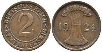 ГЕРМАНИЯ 2 РЕНТЕНПФЕННИГА 1924 E KM 31, J. 307 бронза 24-654