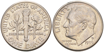 США 10 ЦЕНТОВ = 1 ДАЙМ 1996 D, РУЗВЕЛЬТ KM 195a медь плакированная медно-никелем 187-1118