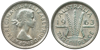 Австралия 3 пенса 1963 m, Елизавета II (1952-2022) KM 57 серебро 71-862