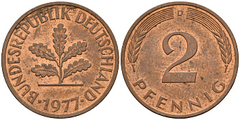ФРГ 2 пфеннига 1977 D KM 106a, J. 381a сталь плакированная медью 4598-833