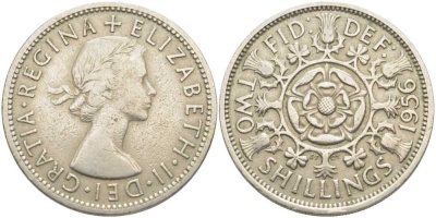 Великобритания 2 шиллинга (флорин) 1956 Елизавета II (1952-2022) KM 906, Spink 4146 медно-никель 4112-614