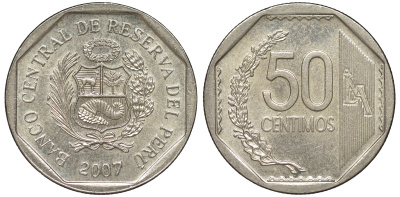 Перу 50 сентимо 2007 KM 307.4 медно-никель aUNC 4605-333