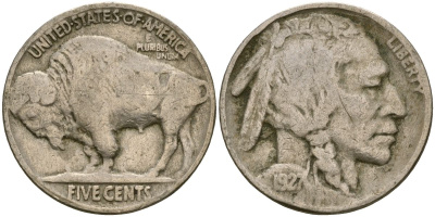 США 5 центов 1927 индеец, бизон KM 134 медно-никель 4135-436