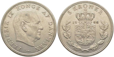 ДАНИЯ 5 КРОН 1966 C; S, ФРЕДЕРИК IX (1947-1972) KM 853.1 медно-никель 107-413