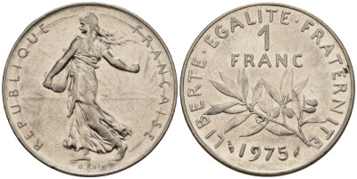 Франция 1 франк 1975 сеятель KM 925 никель 4601-734