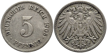 ГЕРМАНИЯ 5 ПФЕННИГОВ 1905 J KM 11, Jager 12, Weege 6 медно-никель 4547-447