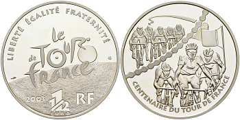 Франция 1 1/2 евро 2003 100 лет велогонкам Тур де Франс, группы велосипедистов KM 1324 серебро PROOF 1095-3-51