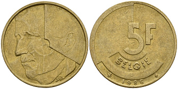 Бельгия 5 франков 1986 Belgie, Бодуэн I (1951-1993) KM 164 алюминиевая бронза 4601-231