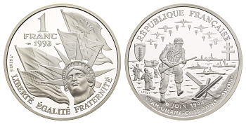 Франция 1 франк 1993 D-DAY, высадка в Нормандии, в оригинальной коробке, сертификат KM 1014 серебро  PROOF  1-6-4-27