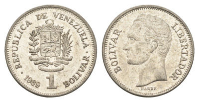 Венесуэла 1 боливар 1989 Симон Боливар, тонкий шрифт Y 52a.1 сталь плакированная никелем 4662-844