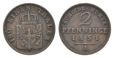 Пруссия 2 пфеннига 1851 A, Фридрих Вильгельм IV (1840-1861) KM 452 медь 4655-833