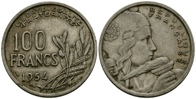 Франция 100 франков 1954 KM 919.2 медно-никель 4575-352