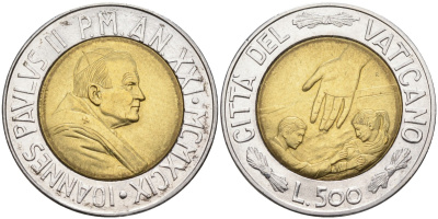 Ватикан 500 лир 1999 время выбора - время надежды, Иоанн Павел II KM 310 биметалл UNC 4586-1046