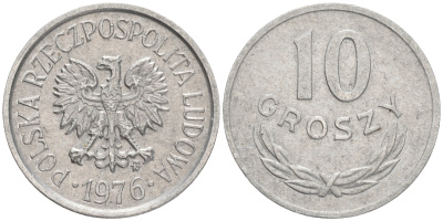 ПОЛЬША 10 ГРОШЕЙ 1976 MW KM АА47 алюминий VF 4528-862