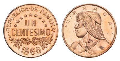 Панама 1 сентесимо 1966 Уррака, тираж 13.000 экземпляров KM 22 бронза PROOF 1526-1224