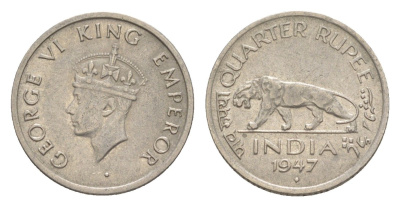 Индия 1/4 рупии 1947 (Ромб) - Бомбей, Георг VI (1936-1952) KM 548 никель 4617-337