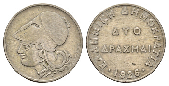 Греция 2 драхмы 1926 Афина в коринфском шлеме, год-тип KM 70 медно-никель 4670-127