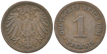 Германия 1 пфенниг 1901 D, Вильгельм II (1888-1918) KM 10, J. 10 медь 4615-714
