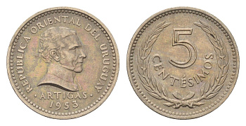Уругвай 5 сентесимо 1953 год-тип KM 34 медно-никель 4668-1041