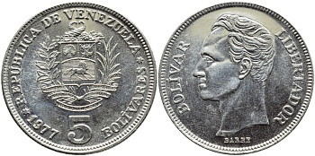 Венесуэла 5 боливаров 1977 Симон Боливар KM 53 никель 221-115