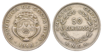 Коста-Рика 50 сентимо 1948 диаметр 23 мм, год-тип KM 182 медно-никель 4654-637
