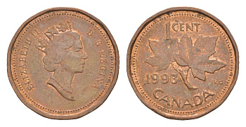 Канада 1 цент 1993 Елизавета II (1952-2022), кленовый лист KM 181 бронза 4630-613