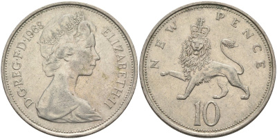 Великобритания 10 пенсов 1968 Елизавета II (1952-2022) KM 912, Spink 4231 (F1) медно-никель 81-1214