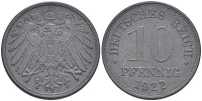 ГЕРМАНИЯ 10 ПФЕННИНГОВ 1922 KM 26, J.299, Weege 8 цинк 202-221