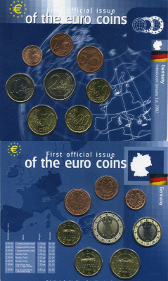 ФРГ евронабор из 8 монет 2002 1, 2, 5, 10, 20, 50 евроцентов, 1, 2 евро биметалл UNC 7-5-2-6