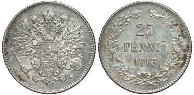 Россия для Финляндии 25 пенни 1916 S, Николай II (1894-1917) KM 6.2, Биткин 421 серебро 75-1329